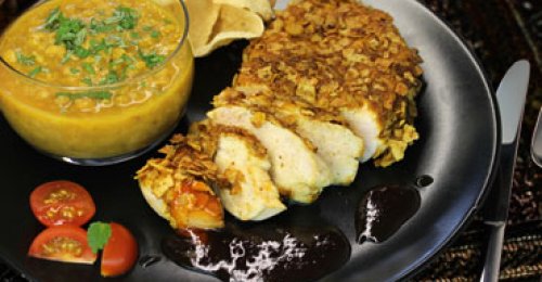 Filete de pollo con corteza Papadum y Dal Tadka